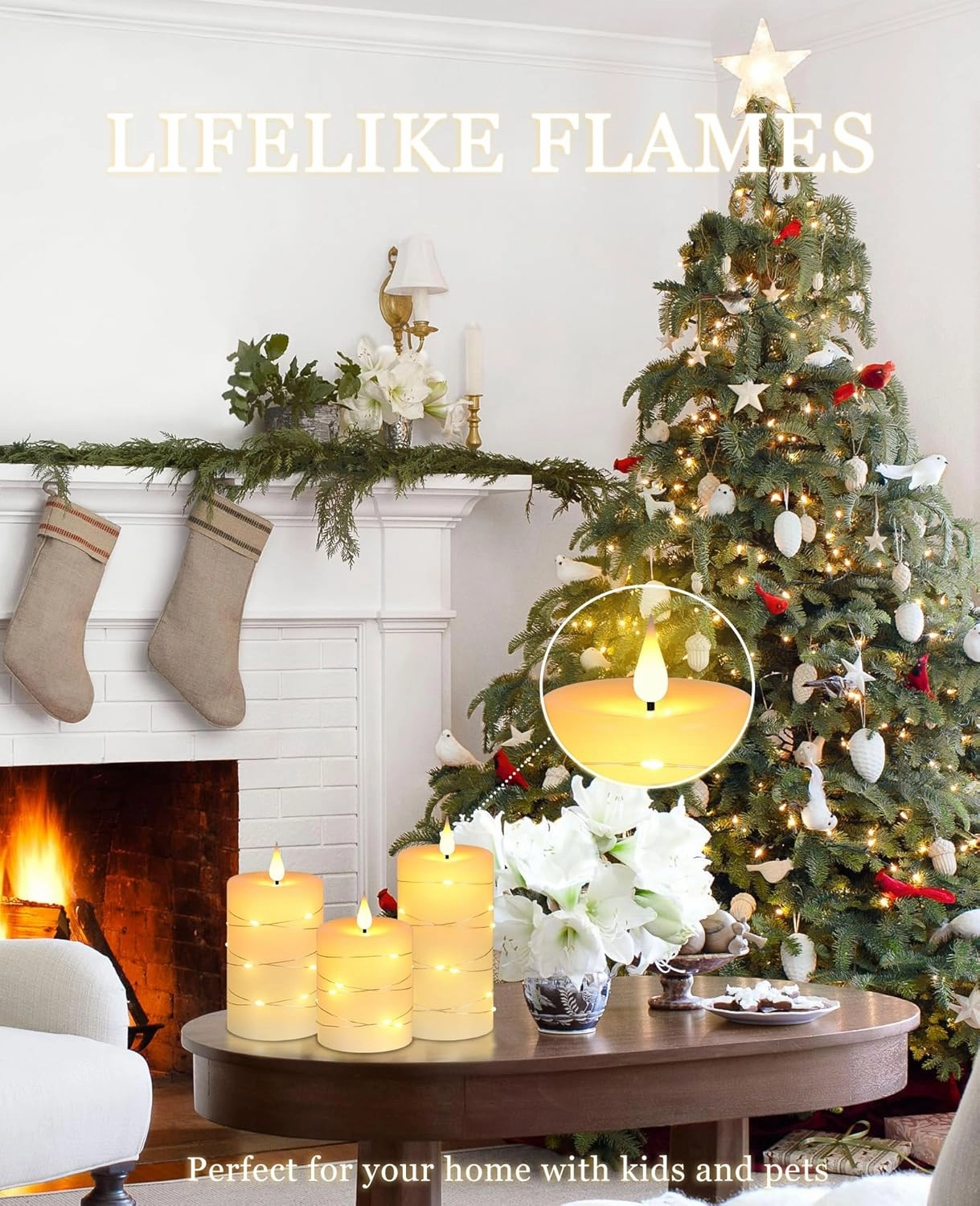 Da by Flameless Candles with String Lights, Battery Operated Candles with Remote and Timer, LED Pillar Candle Real Wax,3 Pack-Ivory White