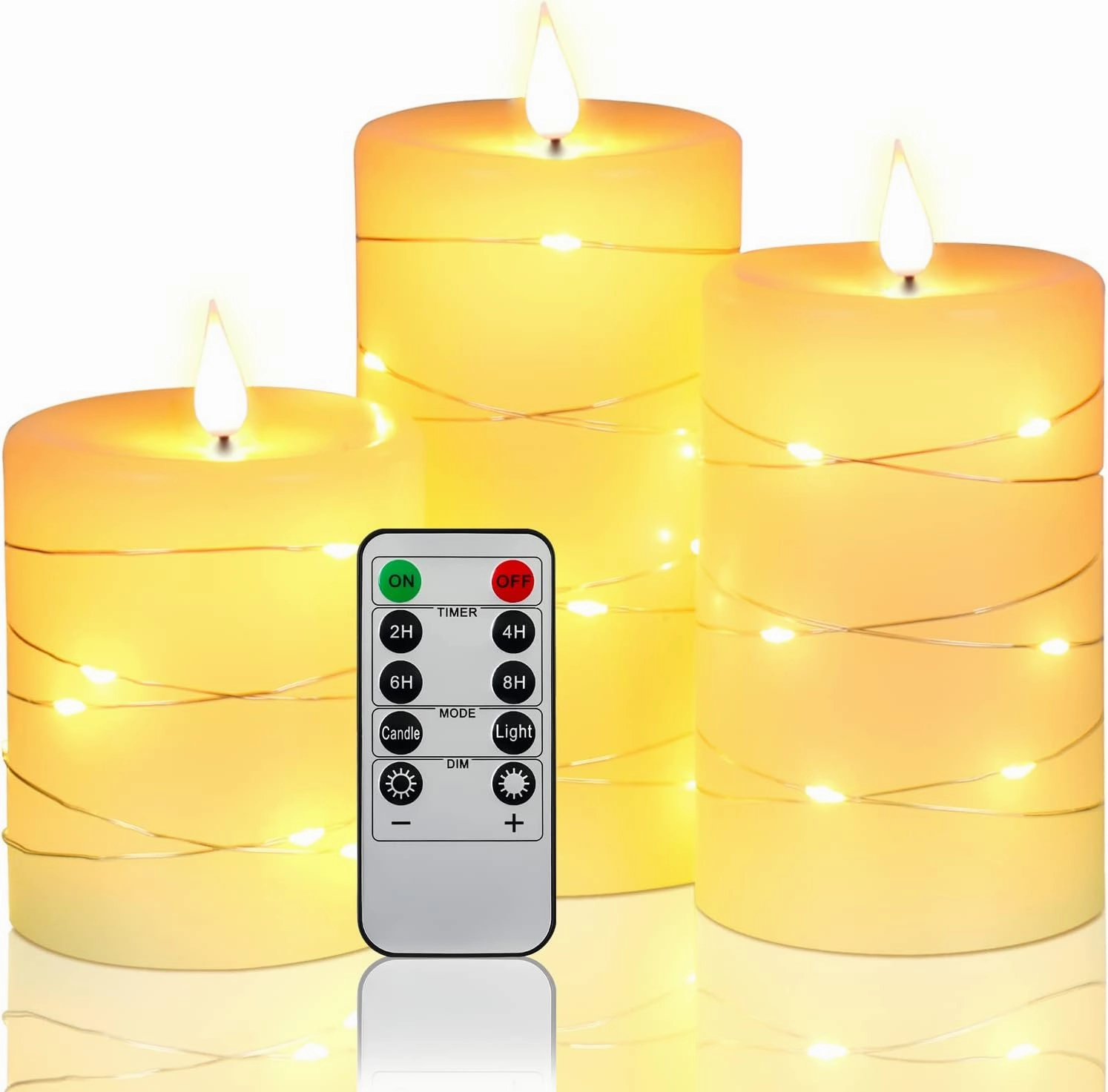 Da by Flameless Candles with String Lights, Battery Operated Candles with Remote and Timer, LED Pillar Candle Real Wax,3 Pack-Ivory White