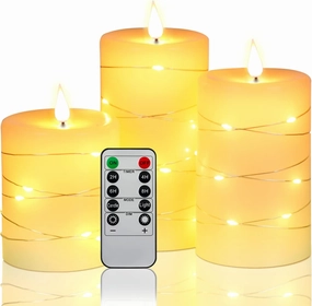 Da by Flameless Candles with String Lights, Battery Operated Candles with Remote and Timer, LED Pillar Candle Real Wax,3 Pack-Ivory White
