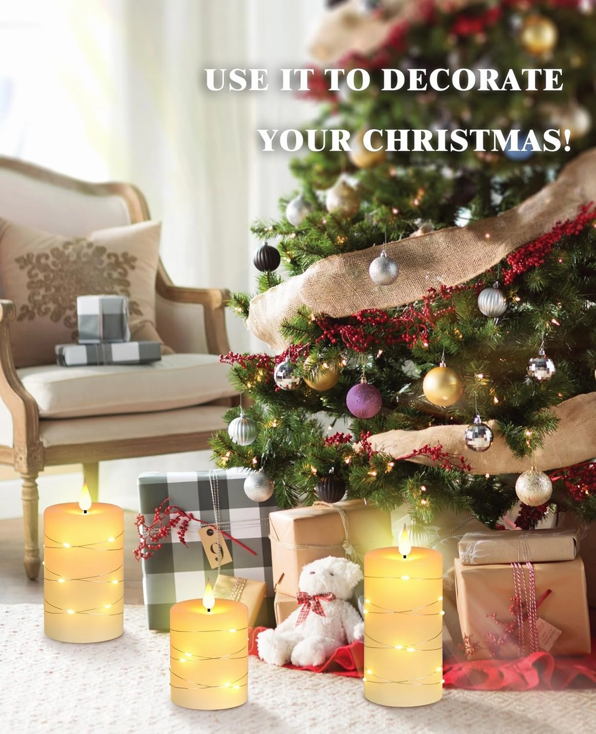 Da by Flameless Candles with String Lights, Battery Operated Candles with Remote and Timer, LED Pillar Candle Real Wax,3 Pack-Ivory White