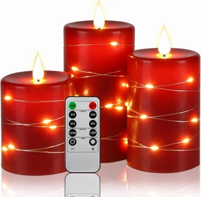 Da by Red Flameless Candles with String Lights, Battery Operated Candles with Remote Control and Timer,Flickering LED Pillar Candles for Home Décor,Real Wax,3 Pack -Red
