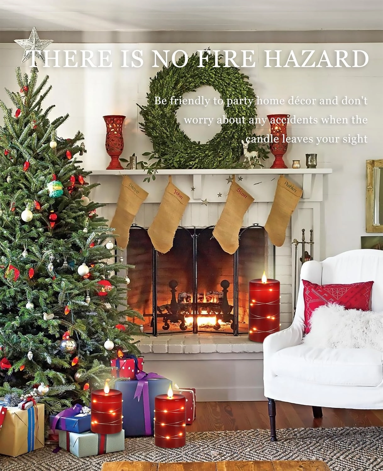 Da by Red Flameless Candles with String Lights, Battery Operated Candles with Remote Control and Timer,Flickering LED Pillar Candles for Home Décor,Real Wax,3 Pack -Red