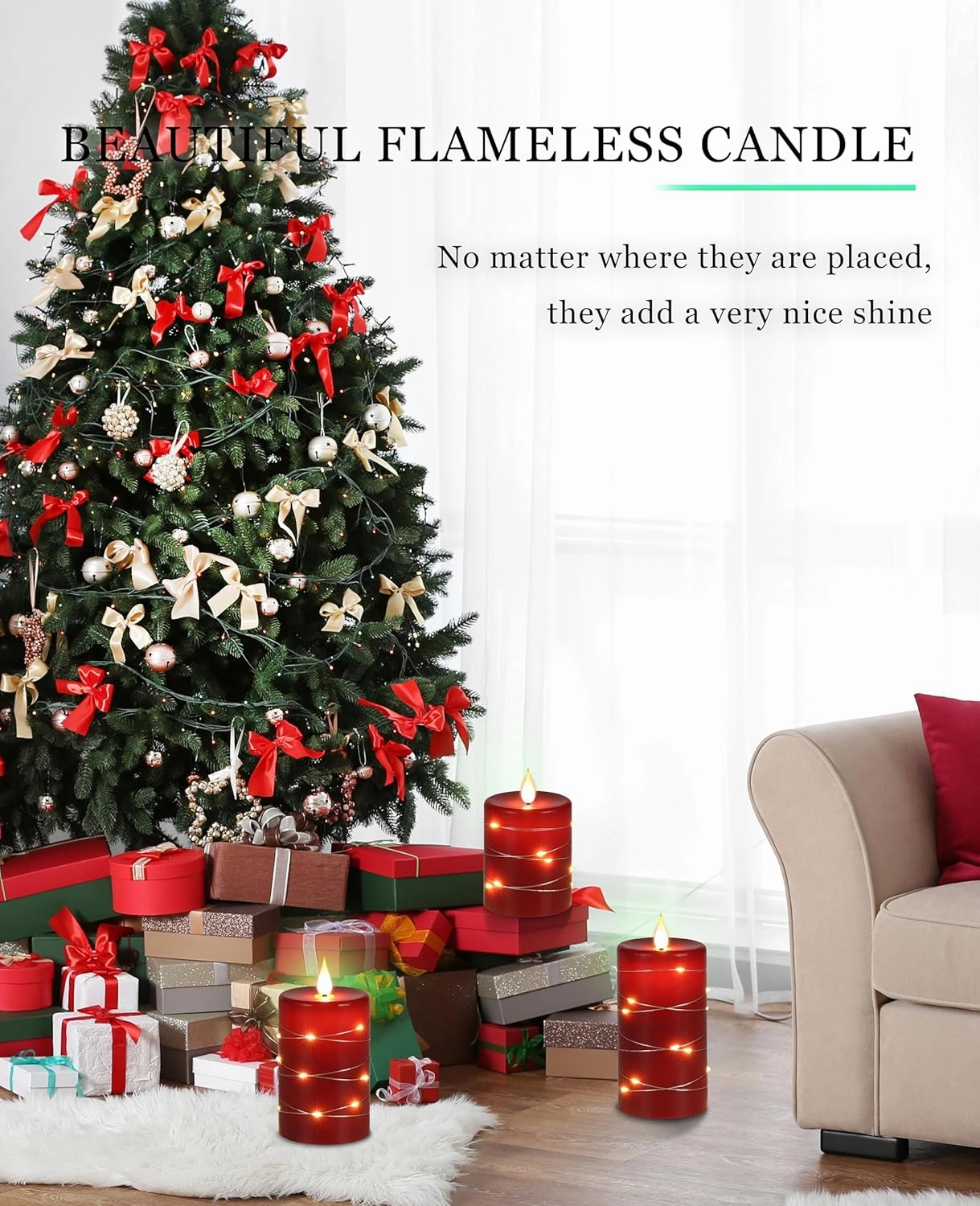 Da by Red Flameless Candles with String Lights, Battery Operated Candles with Remote Control and Timer,Flickering LED Pillar Candles for Home Décor,Real Wax,3 Pack -Red