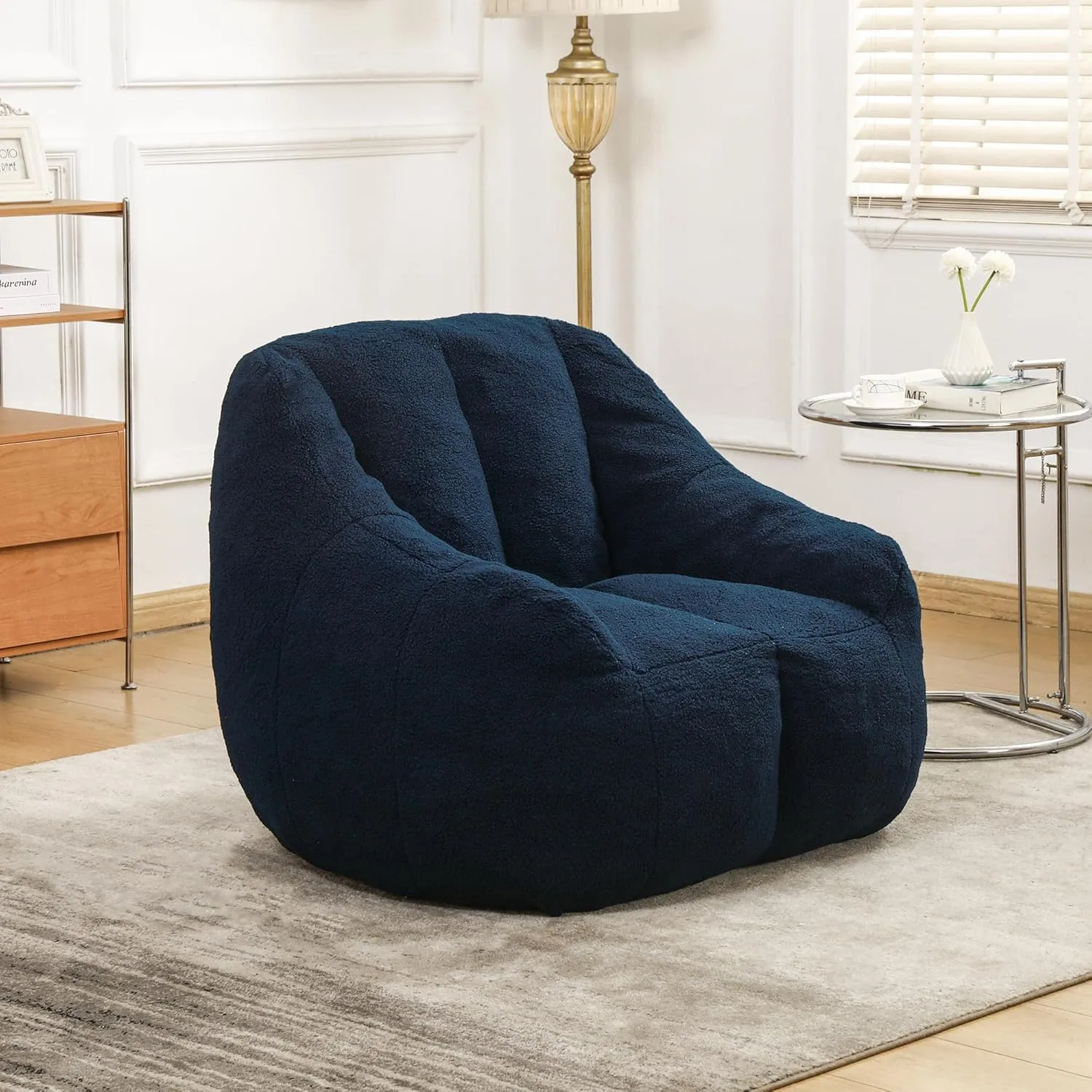 Dark Blue Bean Bag Chair with Memory Foam Filling – Ultra Soft, Tufted Fluffy Bean Bag Sofa for Dorm, Apartment, Living Room – Cozy & Lazy Lounge Chair