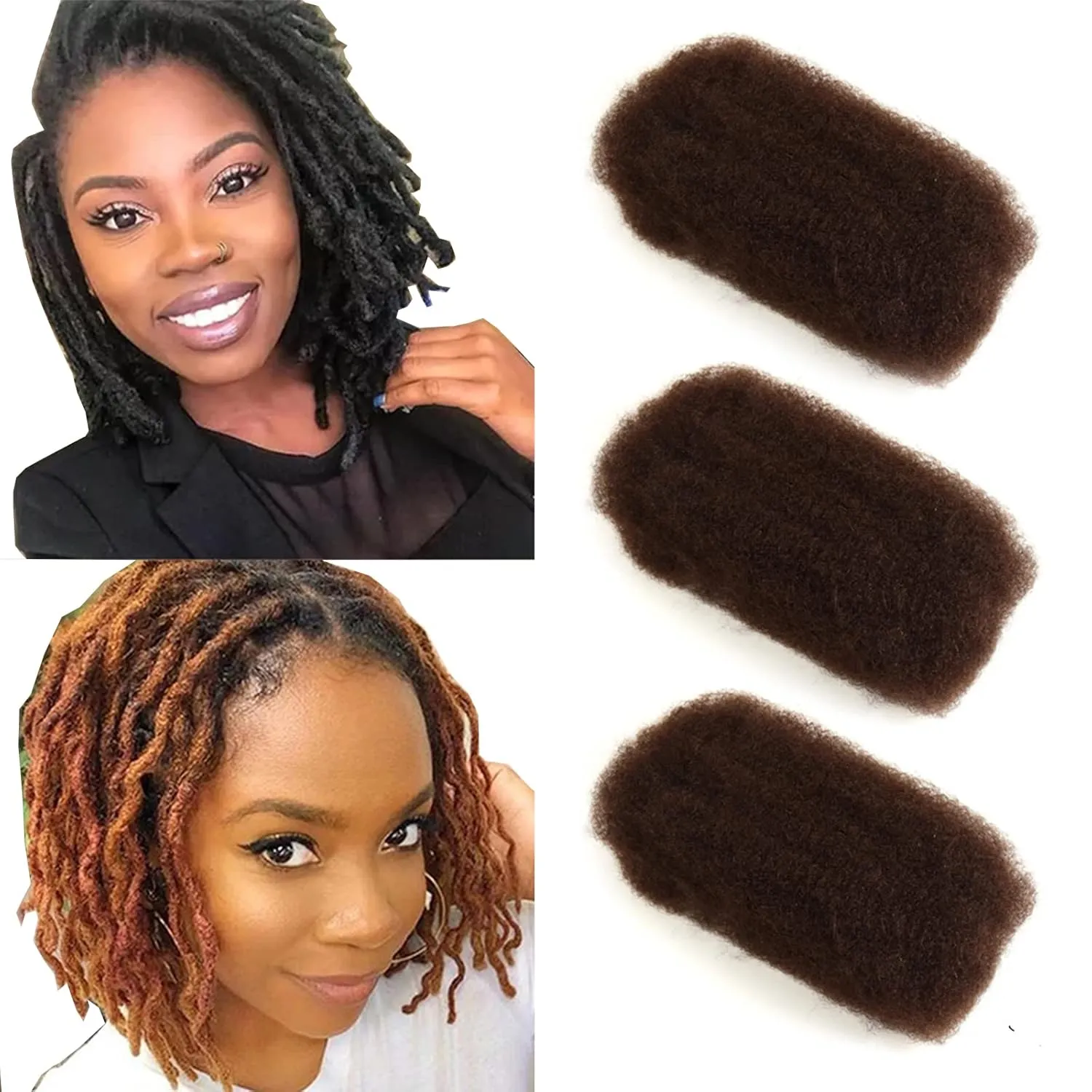 DÉBUT Afro Kinky Bulk 100% Human Hair 3 Packs 150g Tight Afro Kinky Curly Bulk Bundle Hair for Making Locs, Kinky Twists, Dreadlocks Braiding Hair Extensions Dark Brown Color 10" 10" 10"