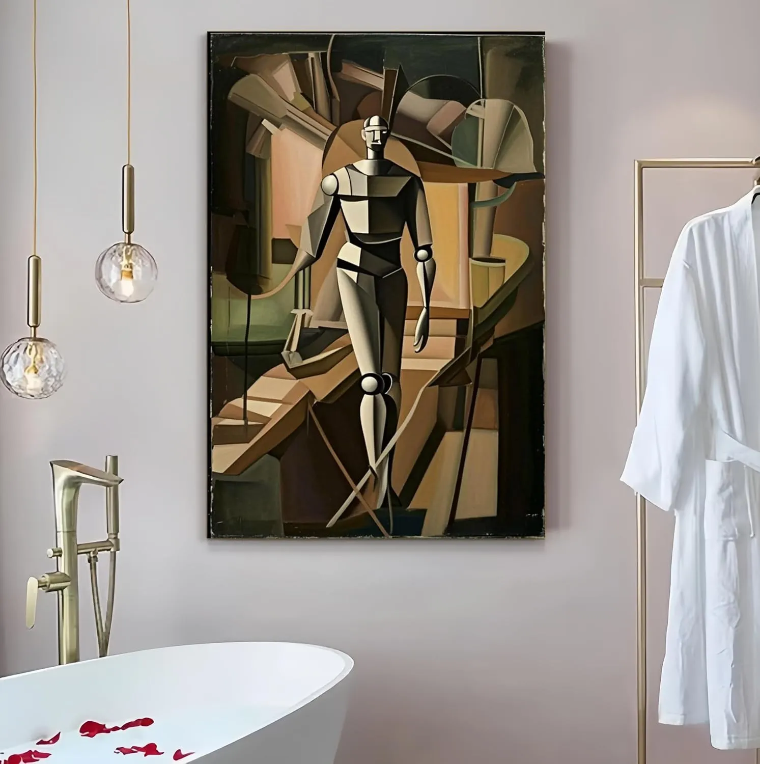 Decorative interior frame painting Marcel Duchamp Style Cubist Robot Premium Canvas Wall Art Hanging Picture for Living Room Bedroom Office Hotel (16×24in,Walking Forward Robot)