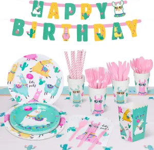 DECORLIFE 138 PCS Llama Birthday Party Supplies Serves 16, Llama Party Decorations for Girls, Popcorn Boxes, 54" x 108" Tablecloth, Pre-strung Banner, Heavy Duty Utensil Included