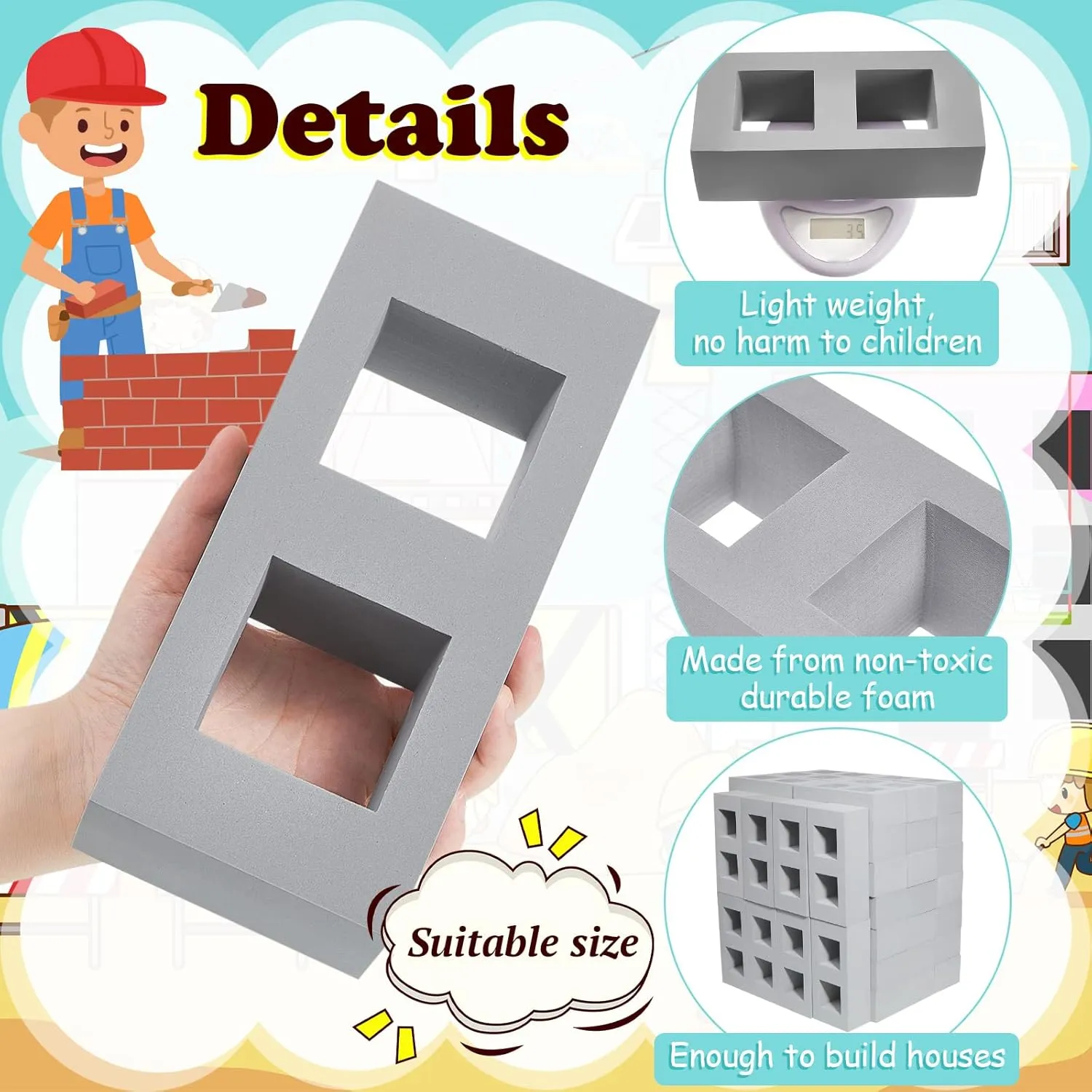 Deekin 30 Pcs Foam Brick Building Blocks for Kids Thick Blocks Foam Large Fake Brick Construction Toy for Stacking Construction, 8 x 4 x 2.4 in(Square Holes)