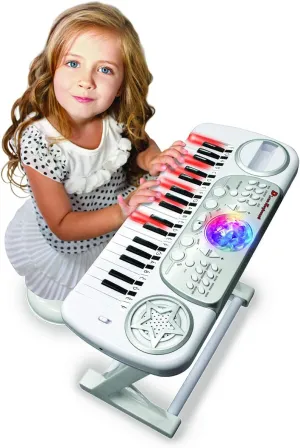 DEQUBE Children's Electronic Keyboard with Stool-with Learning Method-Has Record Function, Playback and Auto Shut-Off - with Ball with Disco Lights-Size 50X21X45cm (916D00041)