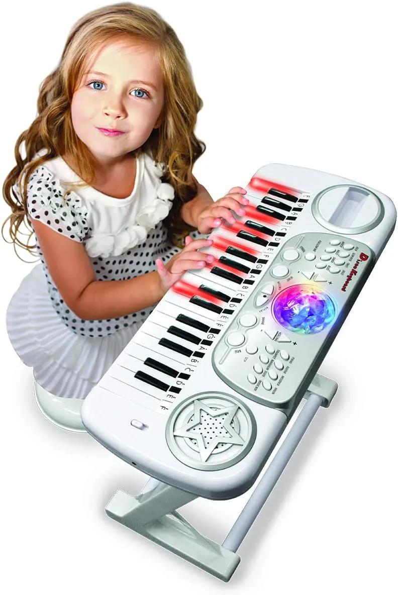 DEQUBE Children's Electronic Keyboard with Stool-with Learning Method-Has Record Function, Playback and Auto Shut-Off - with Ball with Disco Lights-Size 50X21X45cm (916D00041)