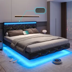 DICTAC Queen Floating Bed Frame with Headboard, Type-C and USB Ports Queen Size Upholstered Platform Bed Frame with Led Lights Faux Leather Low Profile Visual Floating Bed,No Box Spring Needed,Black