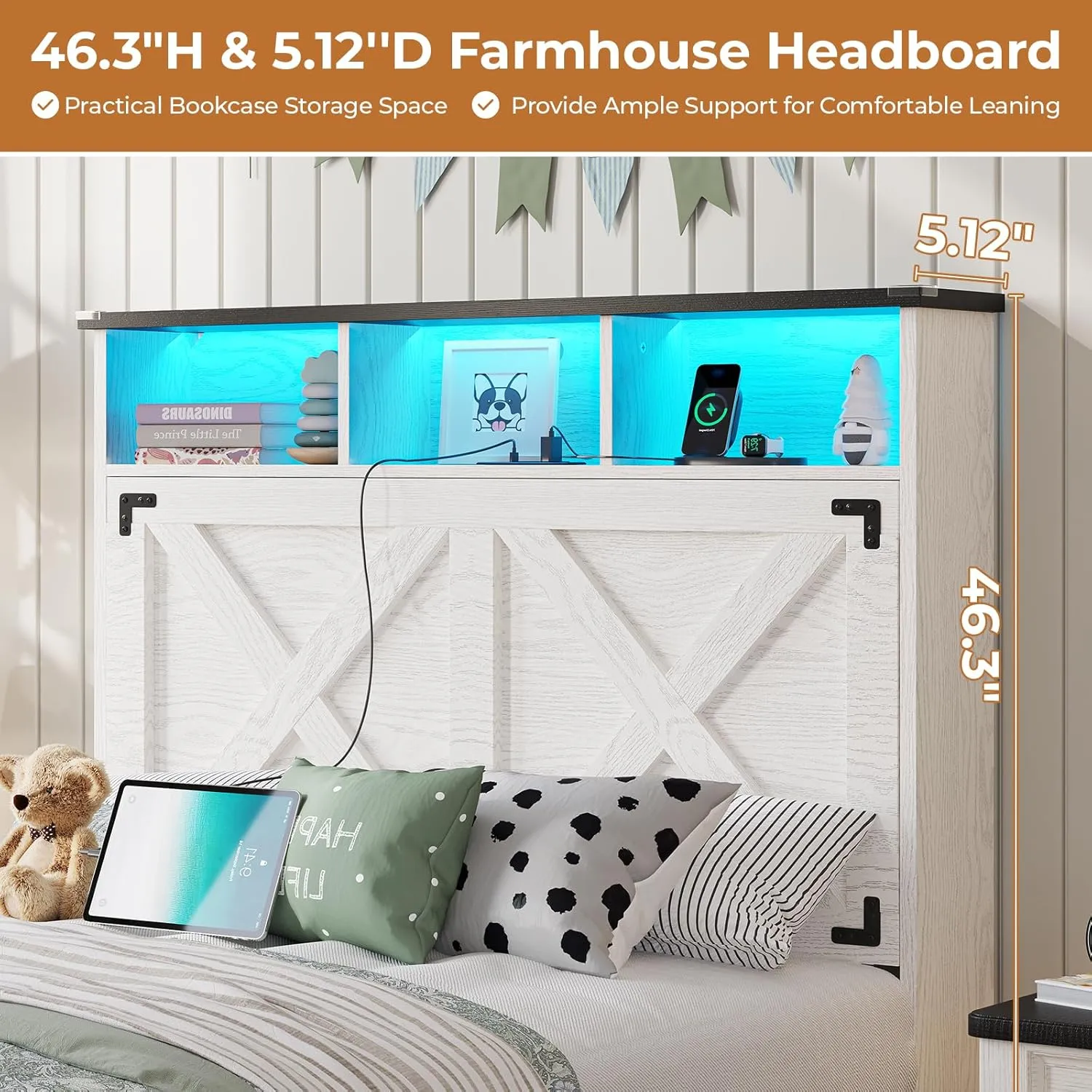 DICTAC Twin Size Bed Frame with Storage Headboard, Charging Station and LED Lights Farmhouse Twin Bed Frame with Storage Ottoman,Metal Platform Bed with Shoe Bench,Metal Slats Support,Antique White