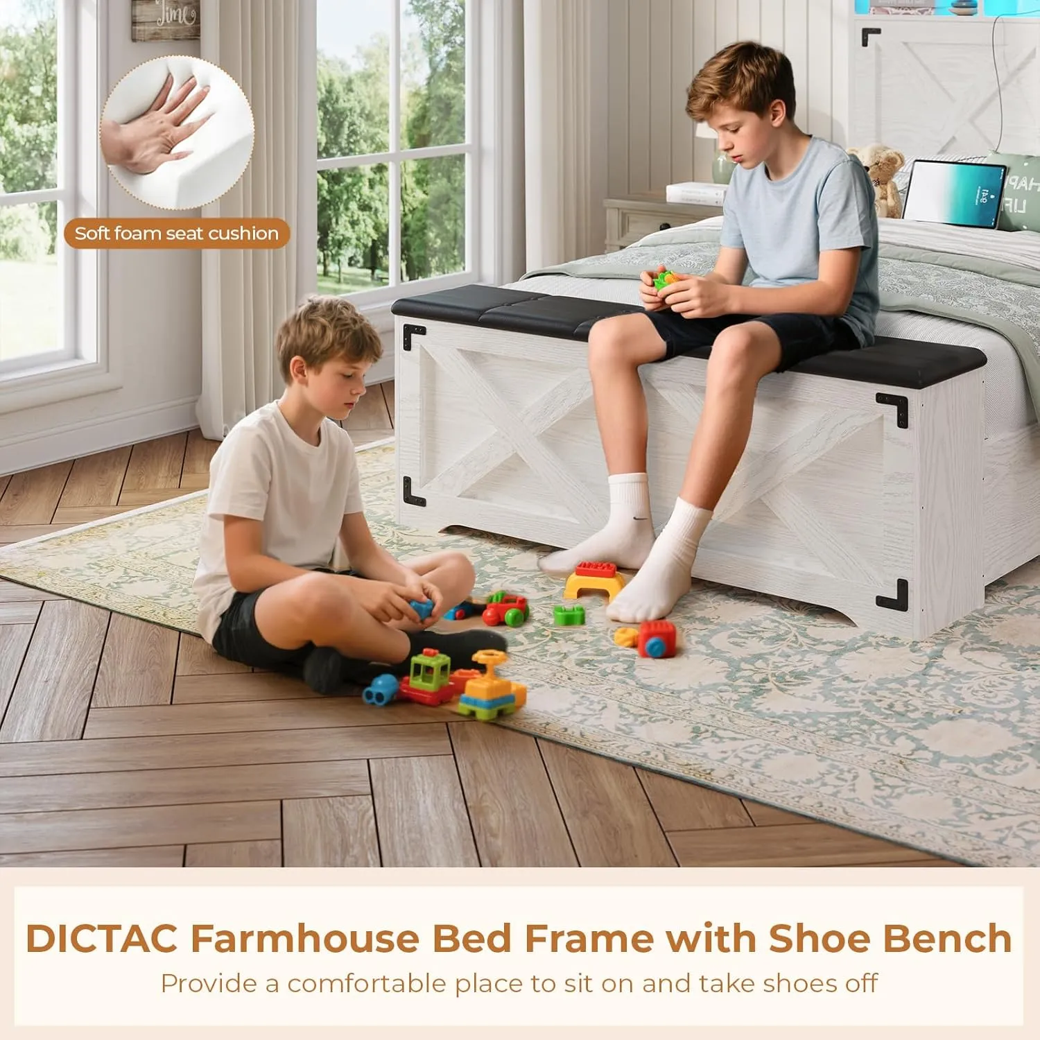 DICTAC Twin Size Bed Frame with Storage Headboard, Charging Station and LED Lights Farmhouse Twin Bed Frame with Storage Ottoman,Metal Platform Bed with Shoe Bench,Metal Slats Support,Antique White