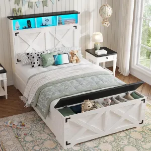 DICTAC Twin Size Bed Frame with Storage Headboard, Charging Station and LED Lights Farmhouse Twin Bed Frame with Storage Ottoman,Metal Platform Bed with Shoe Bench,Metal Slats Support,Antique White
