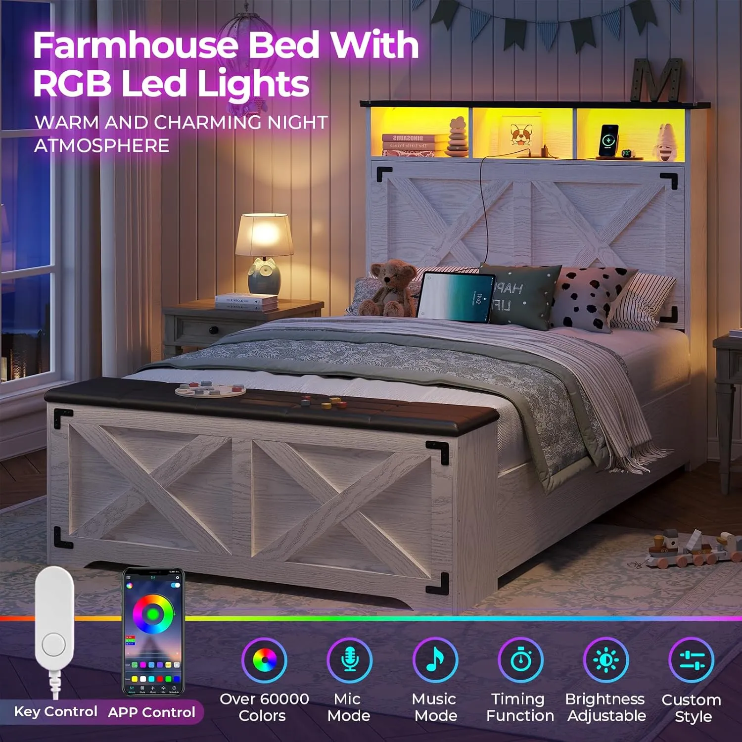 DICTAC Twin Size Bed Frame with Storage Headboard, Charging Station and LED Lights Farmhouse Twin Bed Frame with Storage Ottoman,Metal Platform Bed with Shoe Bench,Metal Slats Support,Antique White