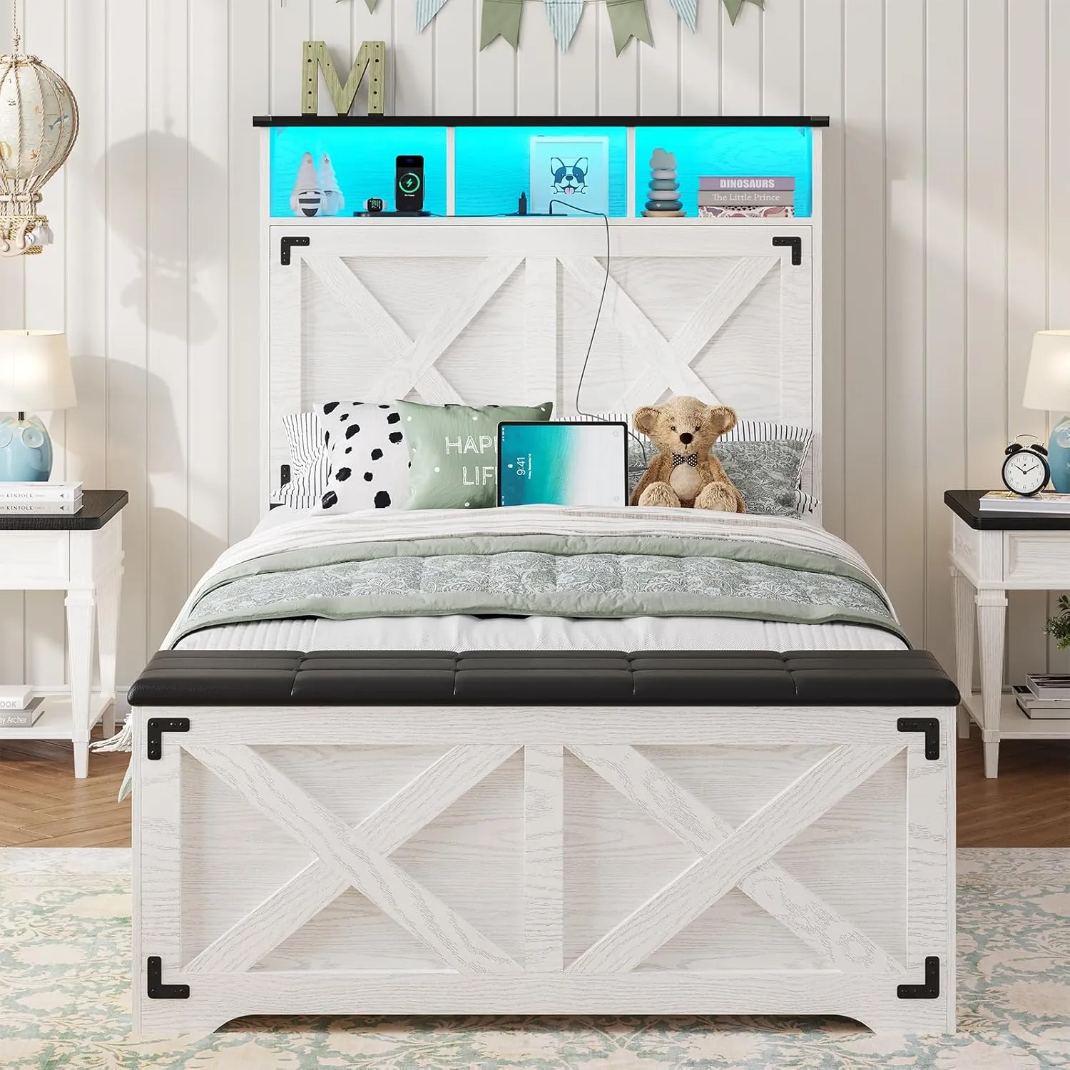 DICTAC Twin Size Bed Frame with Storage Headboard, Charging Station and LED Lights Farmhouse Twin Bed Frame with Storage Ottoman,Metal Platform Bed with Shoe Bench,Metal Slats Support,Antique White