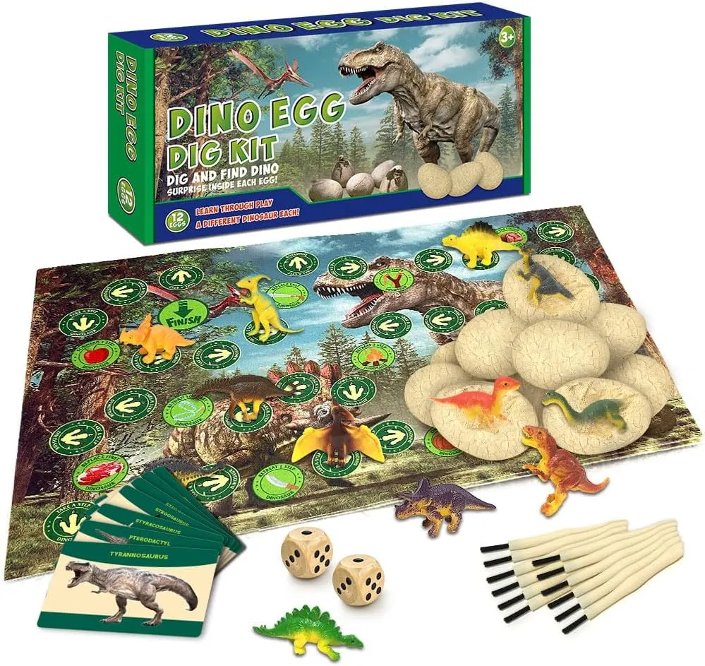 Dig Up Dinosaur Fossil Eggs, Break Open 12 Unique Eggs and Discover 12 Cute Dinosaurs, Easter Digging Toy for Dinosaur Map Chessboard 6 7 8 9-12 Year Old Boys Archaeology Science Gift