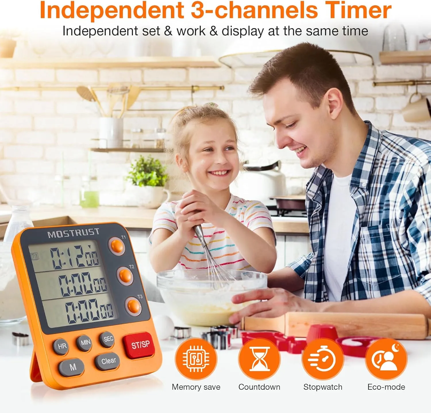 Digital Dual Kitchen Timer, 3 Channels Countdown Timer for Cooking, Large Display Triple Memory Timer with Loud Alarm, Flashing Light, Magnetic Back, 3A Battery Included Orange