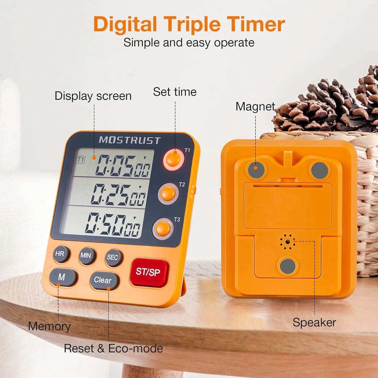 Digital Dual Kitchen Timer, 3 Channels Countdown Timer for Cooking, Large Display Triple Memory Timer with Loud Alarm, Flashing Light, Magnetic Back, 3A Battery Included Orange