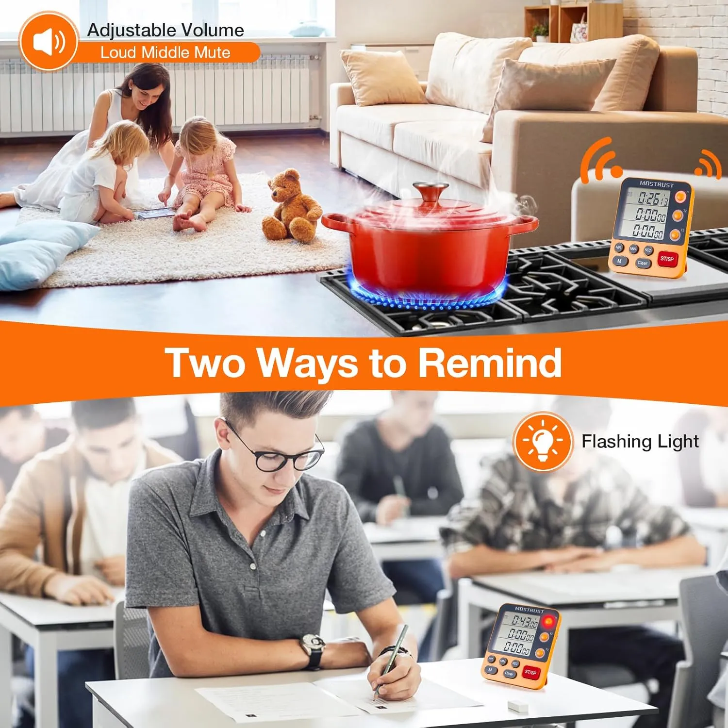 Digital Dual Kitchen Timer, 3 Channels Countdown Timer for Cooking, Large Display Triple Memory Timer with Loud Alarm, Flashing Light, Magnetic Back, 3A Battery Included Orange