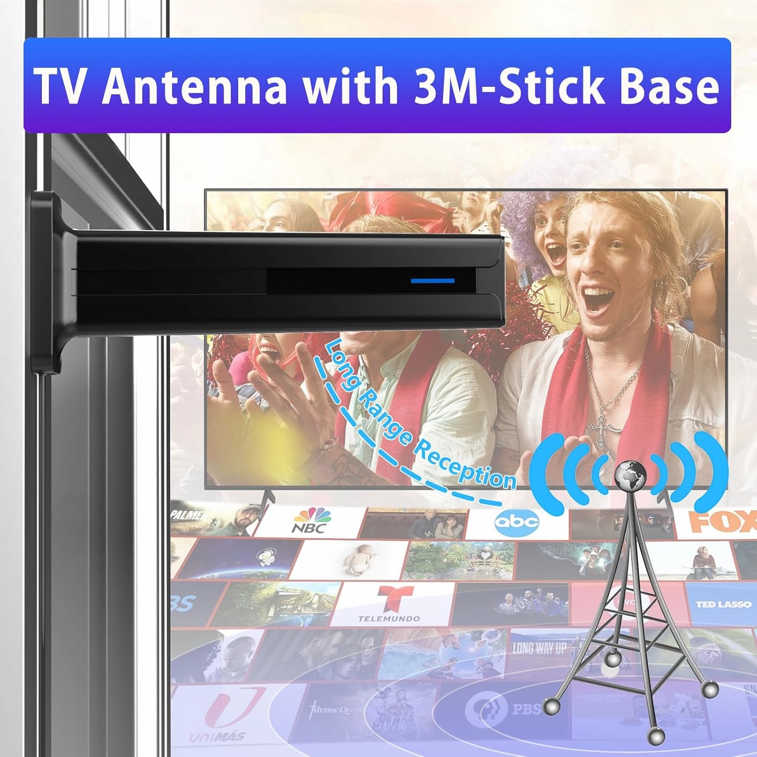 Digital TV Antenna for Smart TV Indoor,2025 TV Antenna with 3M Stick Base, 360°&Long Range Reception HDTV Antenna for Local Channels, Easy Installation Antennas for TVs Without Cable (7.0 in)