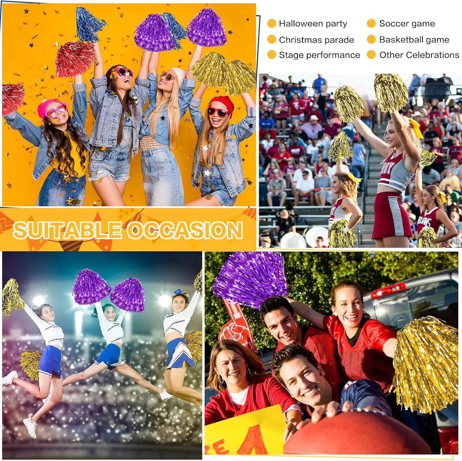 DILIBRA 24 Pcs Metallic Cheerleading Pom Poms for Kids, Cheerleaders Cheer Pom Poms with Baton Handle, Cheering Squad Hand Flower for Adults Team Spirit Sports Game Dancing Party