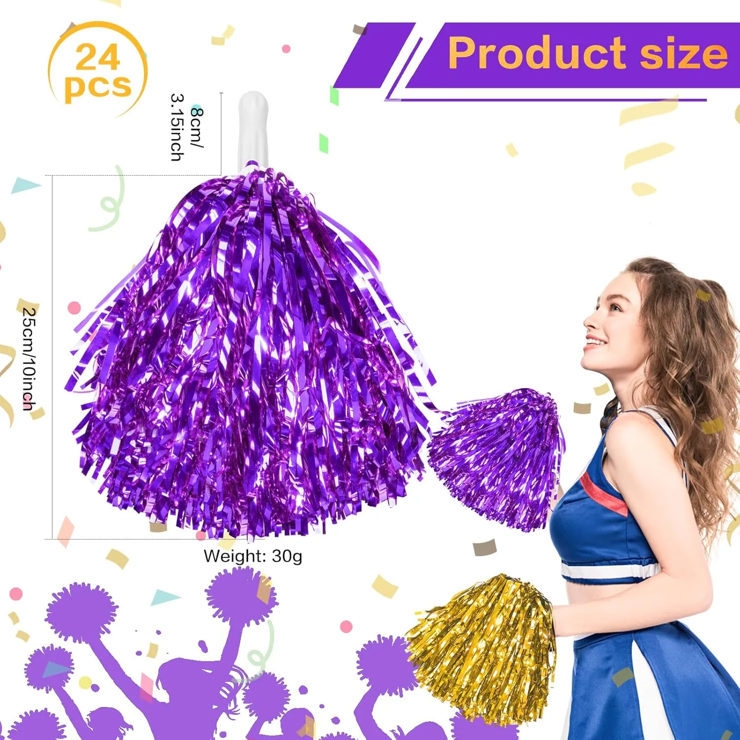 DILIBRA 24 Pcs Metallic Cheerleading Pom Poms for Kids, Cheerleaders Cheer Pom Poms with Baton Handle, Cheering Squad Hand Flower for Adults Team Spirit Sports Game Dancing Party