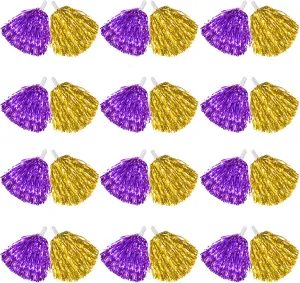 DILIBRA 24 Pcs Metallic Cheerleading Pom Poms for Kids, Cheerleaders Cheer Pom Poms with Baton Handle, Cheering Squad Hand Flower for Adults Team Spirit Sports Game Dancing Party