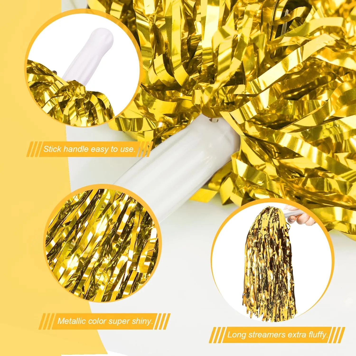 DILIBRA 24 Pcs Metallic Cheerleading Pom Poms for Kids, Cheerleaders Cheer Pom Poms with Baton Handle, Cheering Squad Hand Flower for Adults Team Spirit Sports Game Dancing Party
