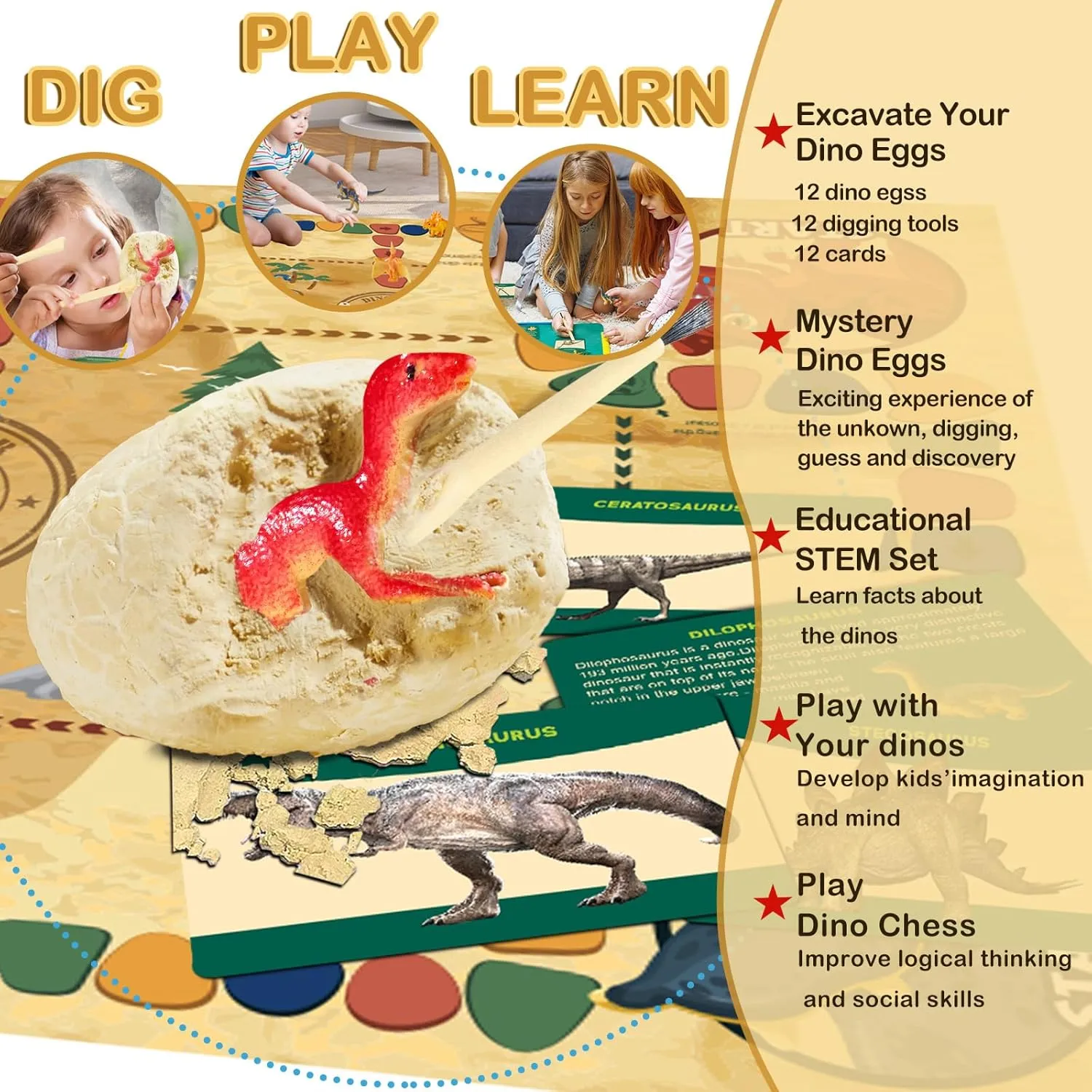 Dino Fossil Eggs Dinosaur Toys - 12 Dinosaur Eggs Dig Excavation Kit w Play Mat for Kids Ages 5-7 Easter Basket Essentials STEM Toy Christmas Birthday Gift for Boys Girls 3 4 5 6 7 8   8-13 Years Old