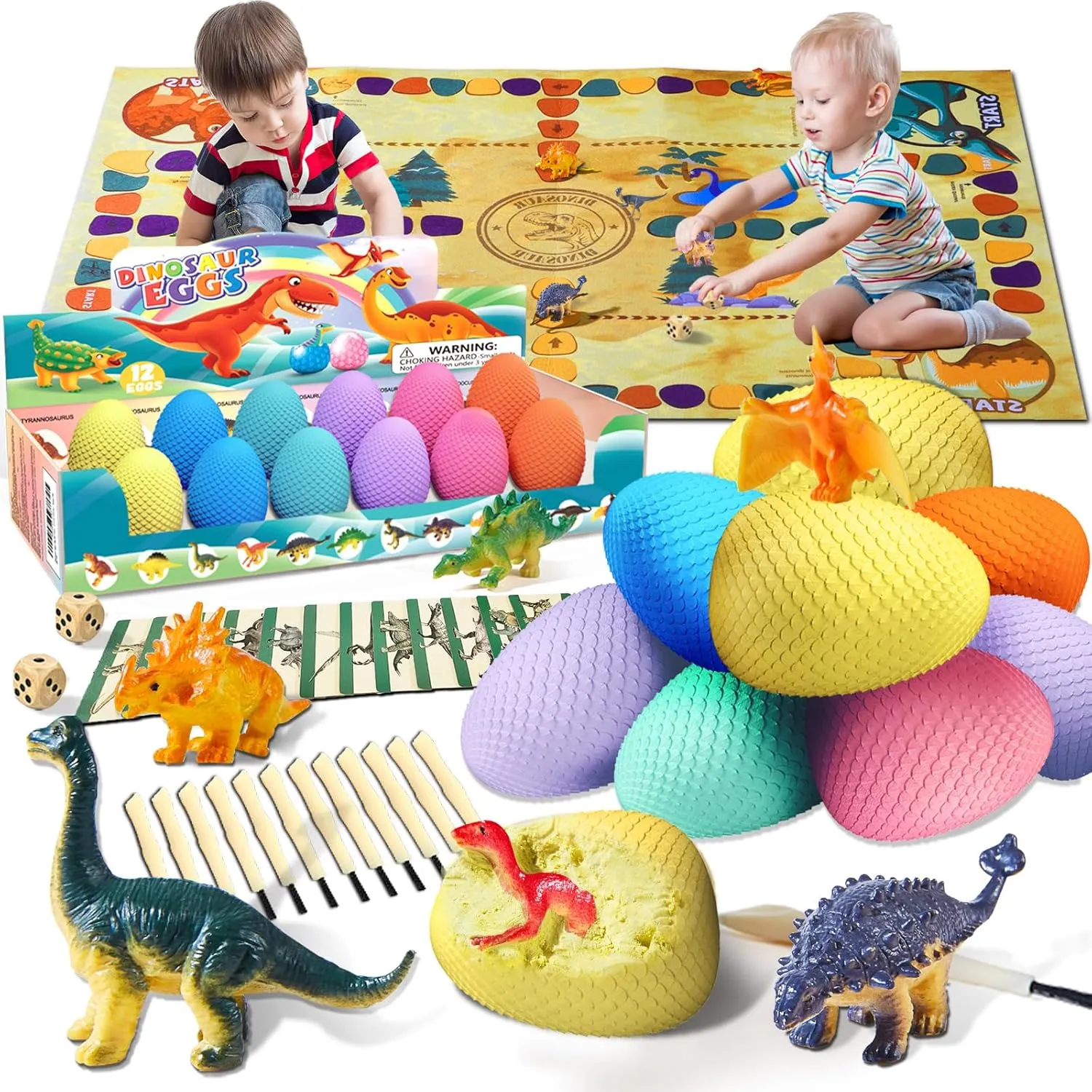 Dino Fossil Eggs Dinosaur Toys - 12 Dinosaur Eggs Dig Excavation Kit w Play Mat for Kids Ages 5-7 Easter Basket Essentials STEM Toy Christmas Birthday Gift for Boys Girls 3 4 5 6 7 8   8-13 Years Old