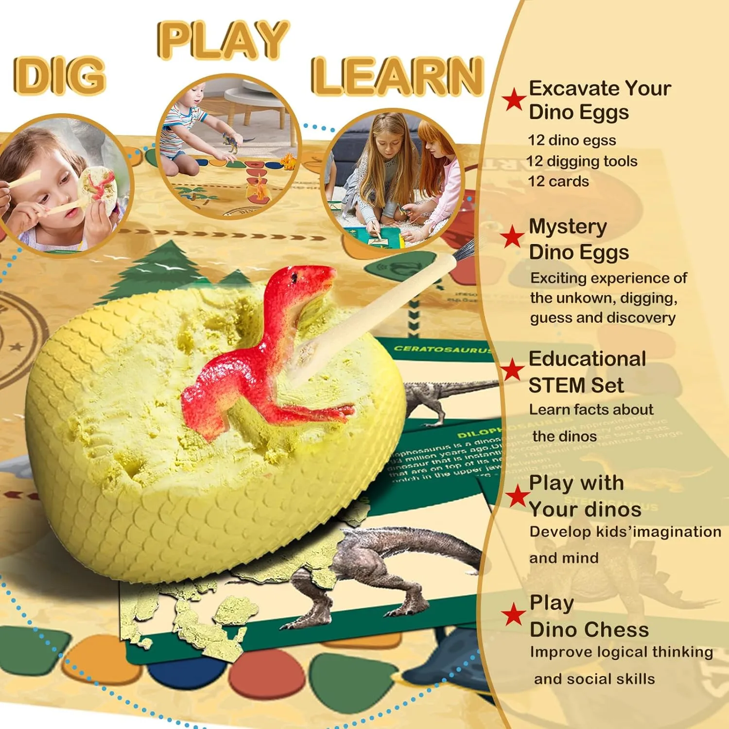 Dino Fossil Eggs Dinosaur Toys - 12 Dinosaur Eggs Dig Excavation Kit w Play Mat for Kids Ages 5-7 Easter Basket Essentials STEM Toy Christmas Birthday Gift for Boys Girls 3 4 5 6 7 8   8-13 Years Old