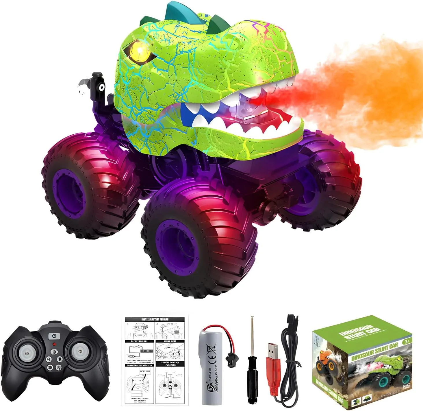 Dinosaur Remote Control Car, 360° Rotating RC Stunt Car Monster Truck Toys with Spray, Light & Sound, 2.4GHz All Terrain RC Cars for Boys Age 4-7, Birthday Gifts for Kids 3-5 6 7 8-12 (Green)