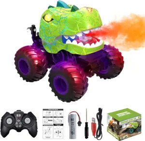 Dinosaur Remote Control Car, 360° Rotating RC Stunt Car Monster Truck Toys with Spray, Light & Sound, 2.4GHz All Terrain RC Cars for Boys Age 4-7, Birthday Gifts for Kids 3-5 6 7 8-12 (Green)