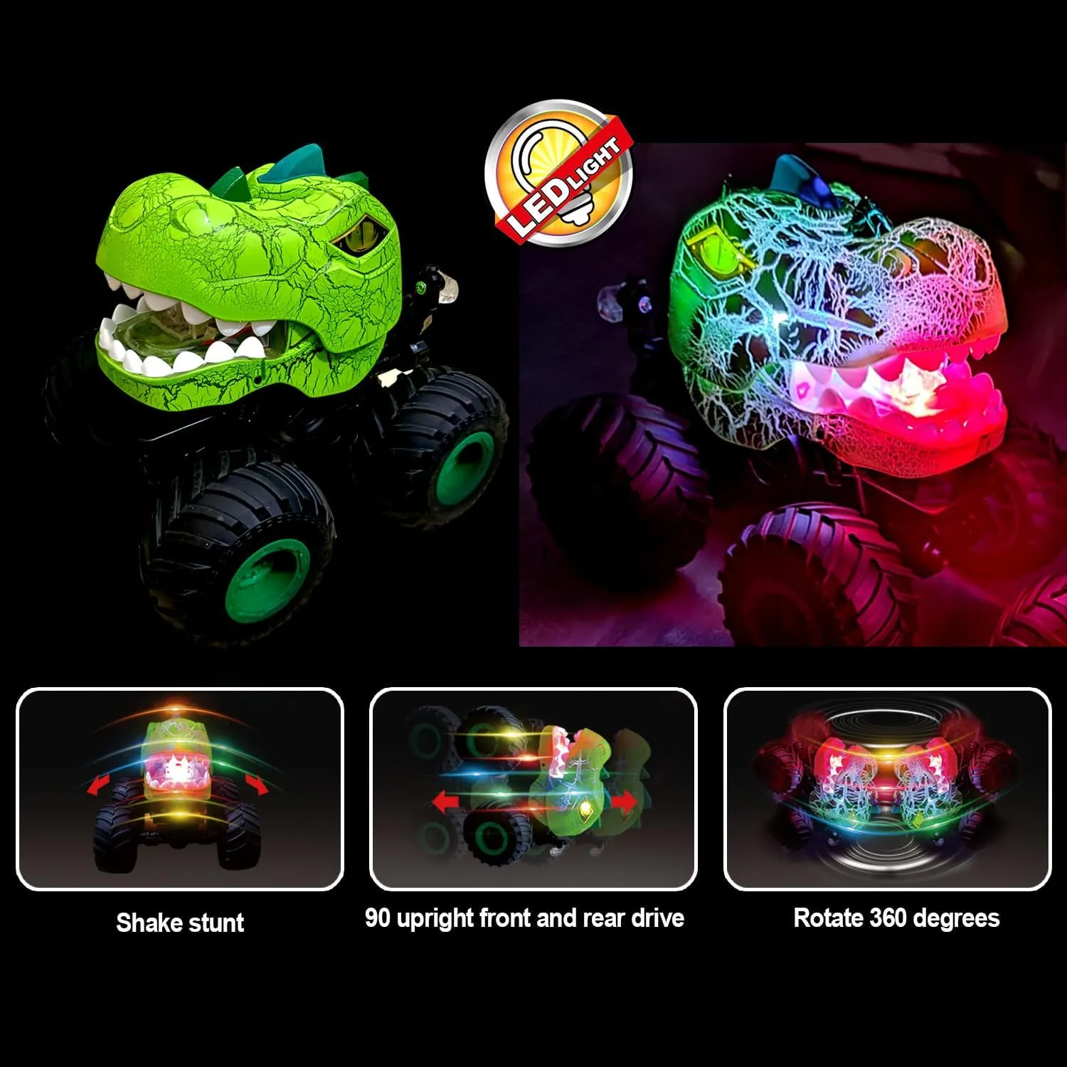 Dinosaur Remote Control Car, 360° Rotating RC Stunt Car Monster Truck Toys with Spray, Light & Sound, 2.4GHz All Terrain RC Cars for Boys Age 4-7, Birthday Gifts for Kids 3-5 6 7 8-12 (Green)