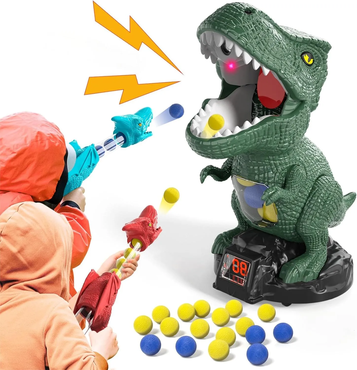 Dinosaur Shooting Toys for Boys 2 3 4 5 6 7 Years Old, 2 Air Pump Launchers, Movable Target & 48 Foam Balls, Outdoor/Backyard Games with LED Score & Sound, Christmas/Birthday Gift for Toddlers