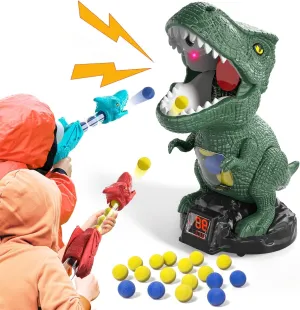 Dinosaur Shooting Toys for Boys 2 3 4 5 6 7 Years Old, 2 Air Pump Launchers, Movable Target & 48 Foam Balls, Outdoor/Backyard Games with LED Score & Sound, Christmas/Birthday Gift for Toddlers