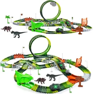 Dinosaur Toys for Kids 3-5, 286 Pcs Create A Dinosaur Toys Race Car for Toddlers, Flexible Track Playset with 2 Dinosaur Cars, Dinosaur Party Favors for 3 4 5 6 Year Old Boys Birthday Gift