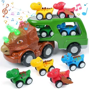 Dinosaur Truck Toys for Kids - Best Birthday Gifts for Boys Ages 3 4 5 - Transport Playset with Music and Lights - Dino Carrier Vehicles with 4 Pull Back Car
