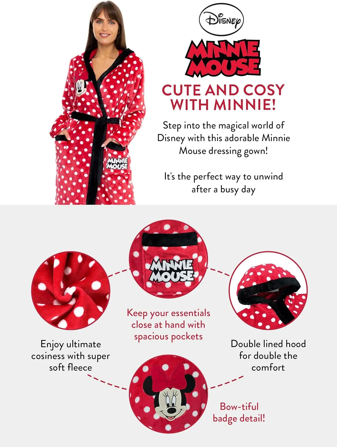 Disney Women's Robe | Minnie Mouse Bathrobe | Fluffy Robe for Women