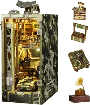 DIY Book Nook Kit 3D Wooden Book Stand Military Base Puzzle DIY Dollhouse Wood Bookends Building Model Puzzle Toy with LED Light for Teens and Adults Building Creative Gifts