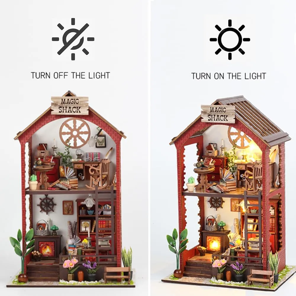 DIY Book Nook Kit, Miniature Dollhouse Booknook Kit with Light, 3D Wooden Puzzle Bookend Bookshelf Decor for Adults, Library