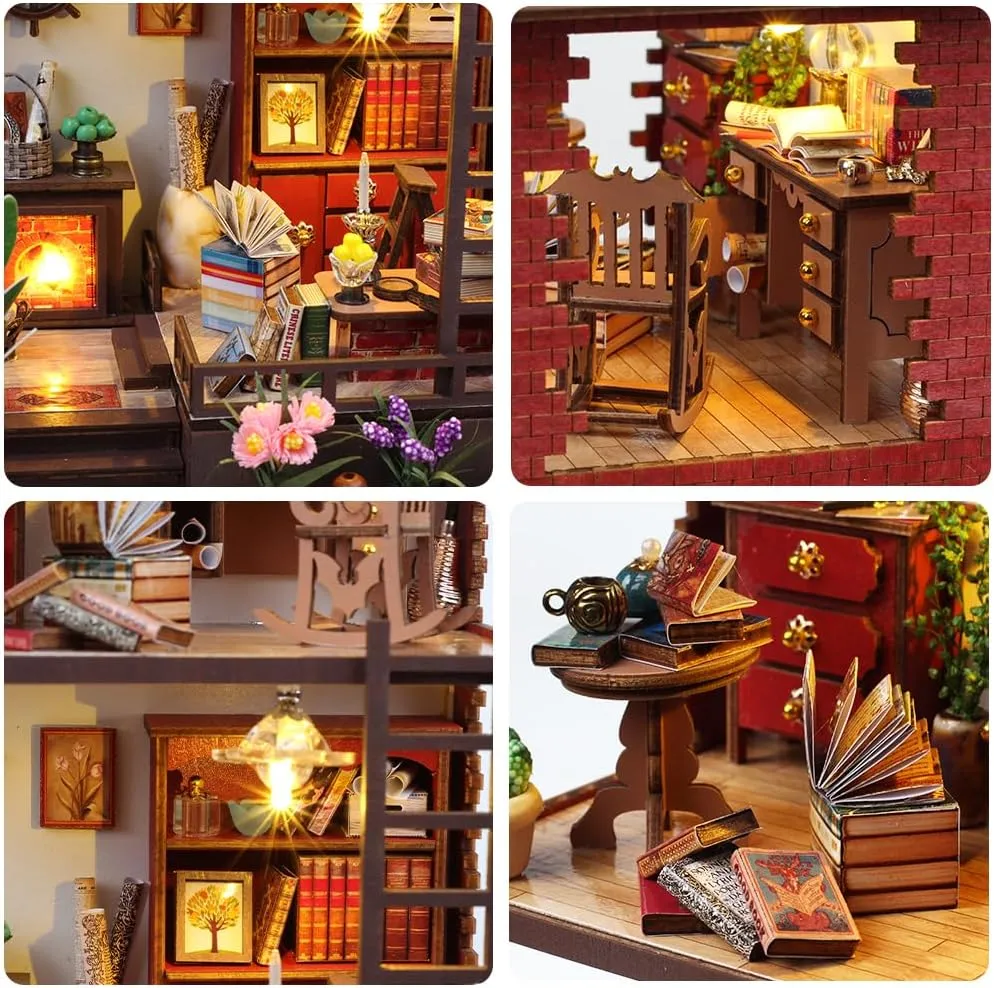 DIY Book Nook Kit, Miniature Dollhouse Booknook Kit with Light, 3D Wooden Puzzle Bookend Bookshelf Decor for Adults, Library