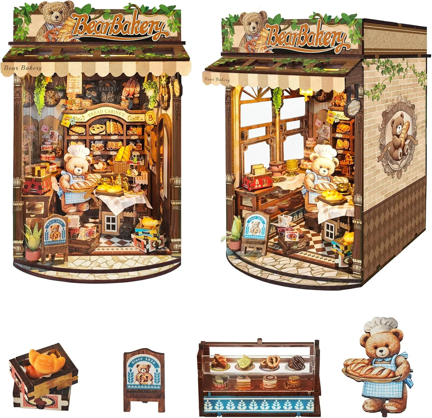 DIY Book Nook Kit,Miniature Dollhouse kit Store,3D Puzzle Tiny House Mini Bookend for Booknook Bookshelf Decor,Gift for Adults and Teens - Bear Bakery (SQ-65)