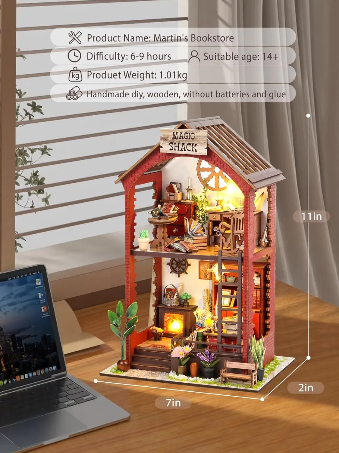 DIY Book Nook Kits, Creativity 3D Wooden Puzzle Bookend Bookshelf Decor, Booknook Kit for Adults Miniature House Dollhouse Kit with LED Light Crafts for Adult