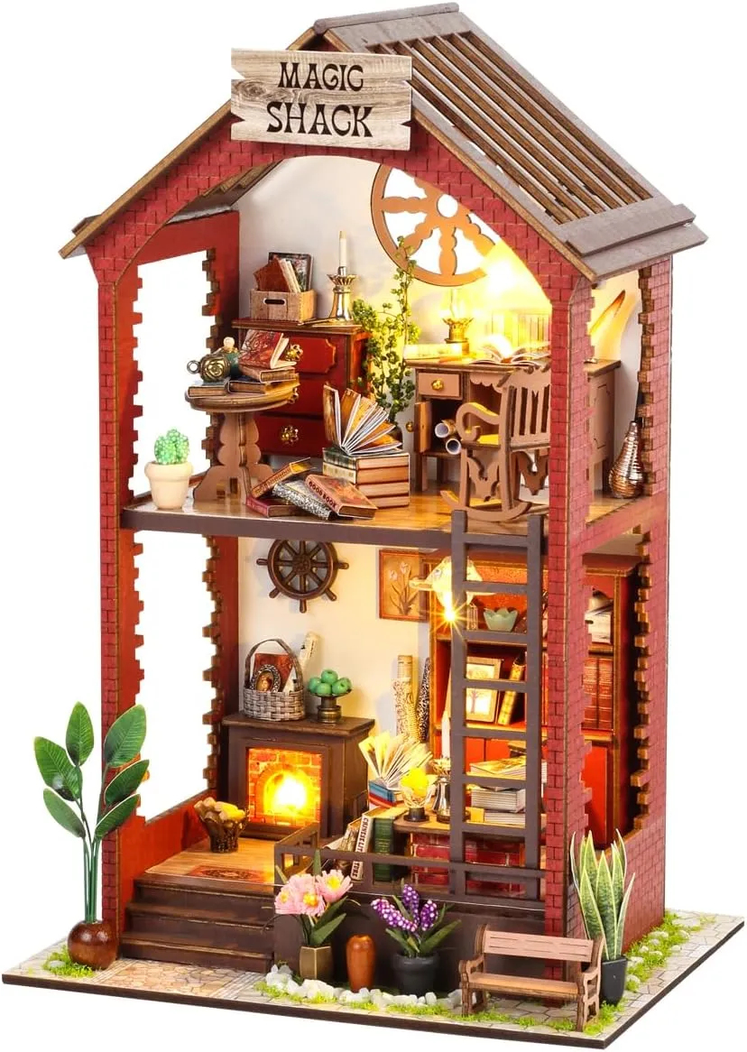 DIY Book Nook Kits, Creativity 3D Wooden Puzzle Bookend Bookshelf Decor, Booknook Kit for Adults Miniature House Dollhouse Kit with LED Light Crafts for Adult