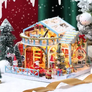 DIY Dollhouse Miniature Kit with Furniture, DIY Christmas Wooden Tiny House Building Set for Adults and Teens, Creative Room Decor Gift for Family and Friends (Blue)