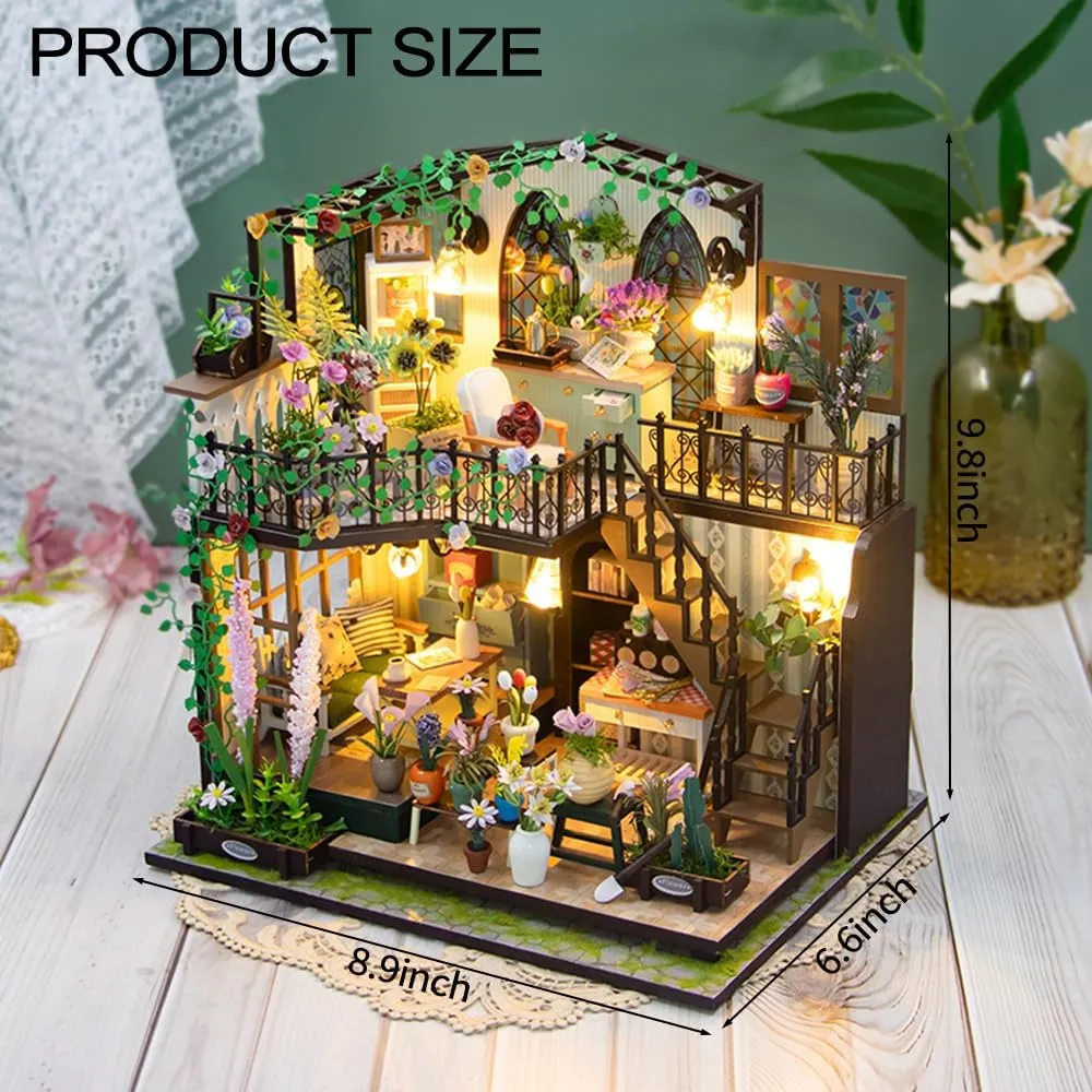 DIY Miniature Dollhouse Kit, Mini House Making Kit with Furnitures and Light, Tiny House Kit to Build for Adults, Hobby Craft Gift for Mothers Day, Romantic Flower House