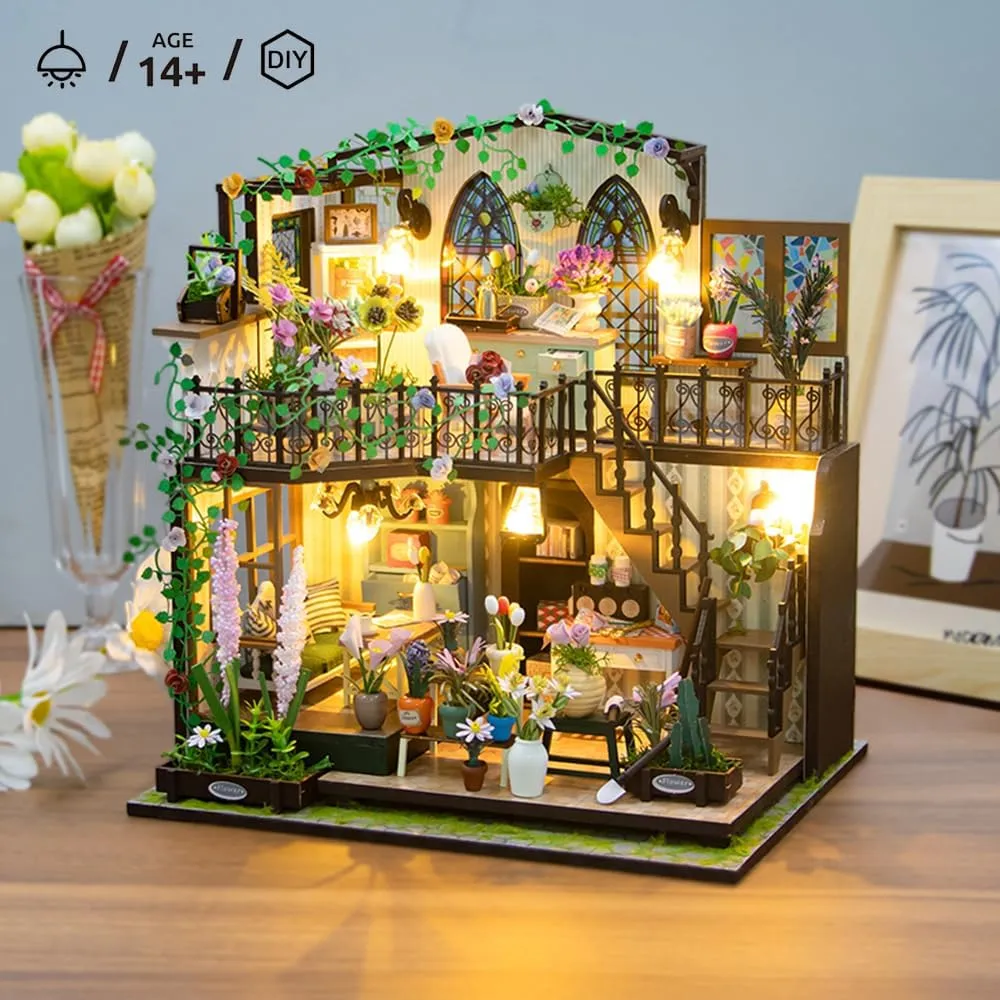 DIY Miniature Dollhouse Kit, Mini House Making Kit with Furnitures and Light, Tiny House Kit to Build for Adults, Hobby Craft Gift for Mothers Day, Romantic Flower House