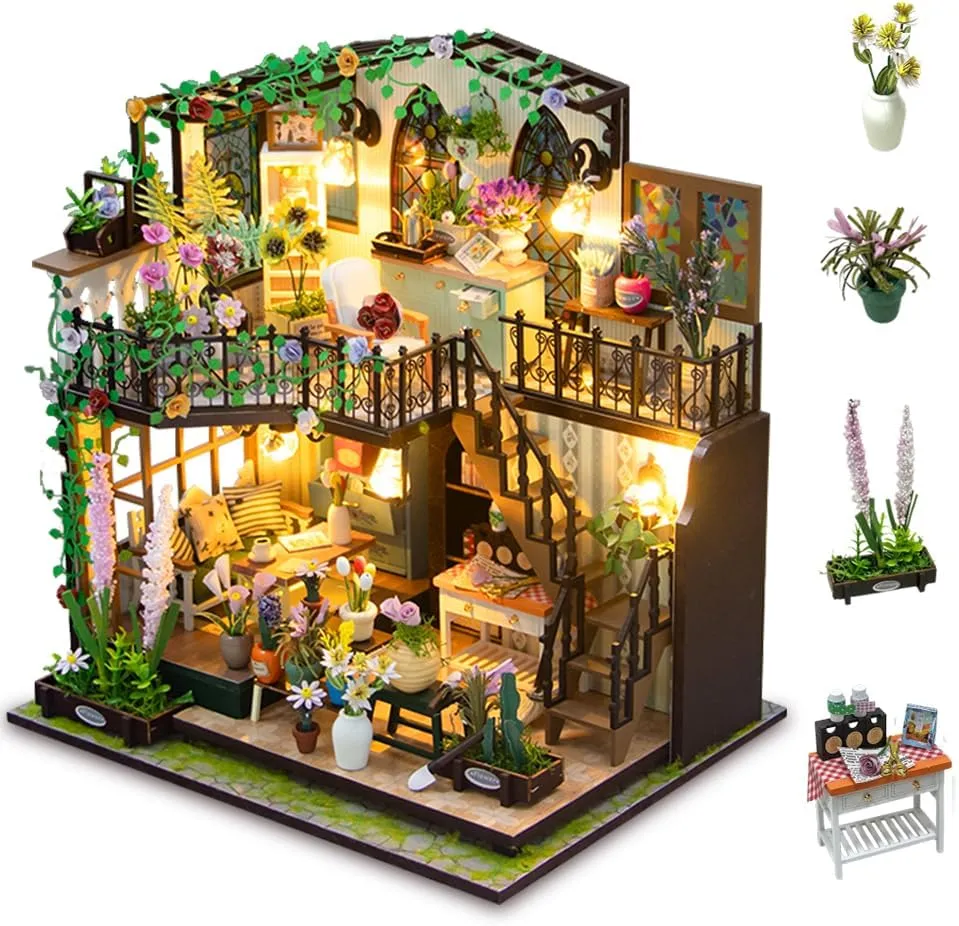DIY Miniature Dollhouse Kit, Mini House Making Kit with Furnitures and Light, Tiny House Kit to Build for Adults, Hobby Craft Gift for Mothers Day, Romantic Flower House